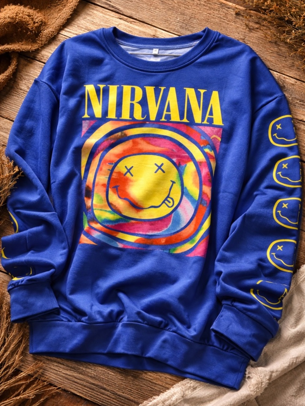 NIRVANA Royal Blue Graphic Crewneck Sweatshirt with Yellow Logo